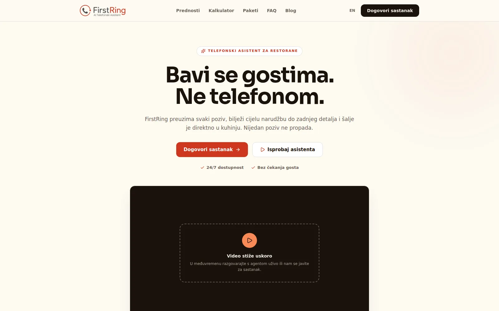 Naslovnica firstring.hr: „Bavi se gostima. Ne telefonom.” s gumbom za dogovor sastanka.