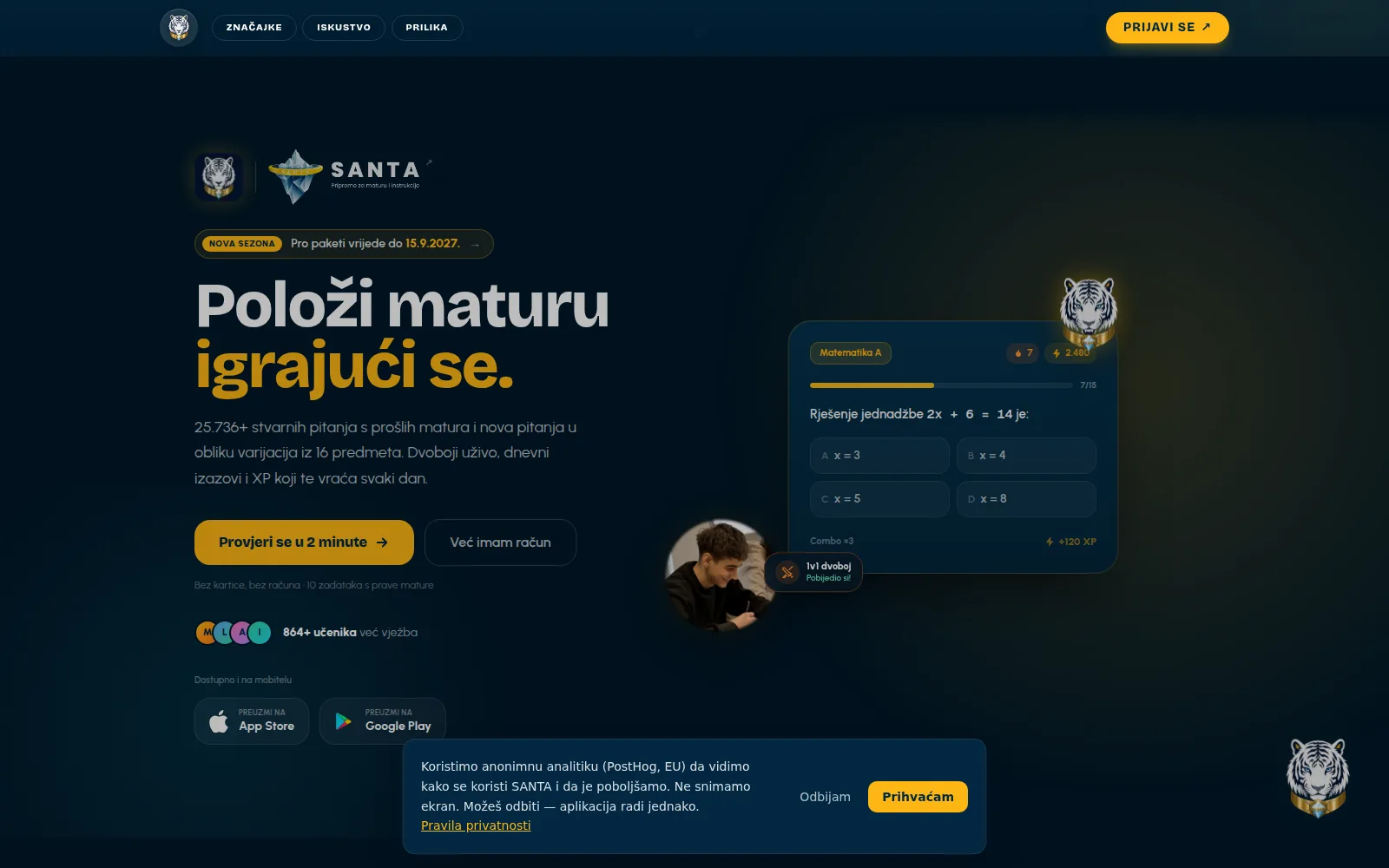 Naslovnica SANTA Kviza: „Položi maturu igrajući se” s prikazom pitanja iz matematike.